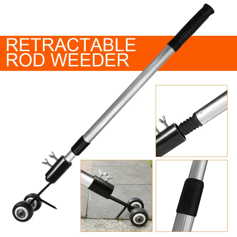 Manual portable gardening tool set with telescopic rod, gap weeder head, sickle, and stainless steel puller for weed removal
