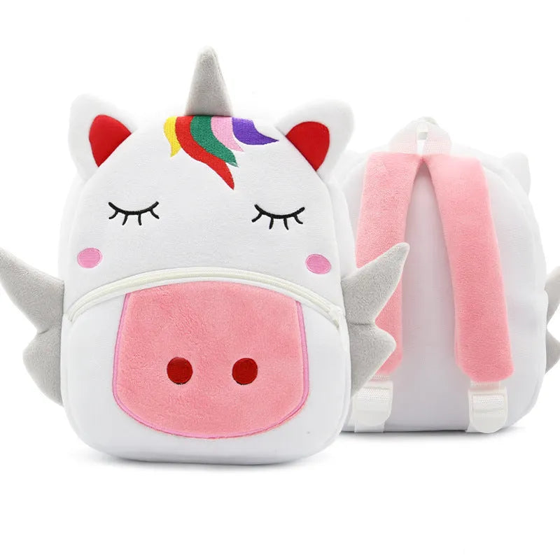 Cute plush animal backpack for children in elephant design, showing front zipper and straps.