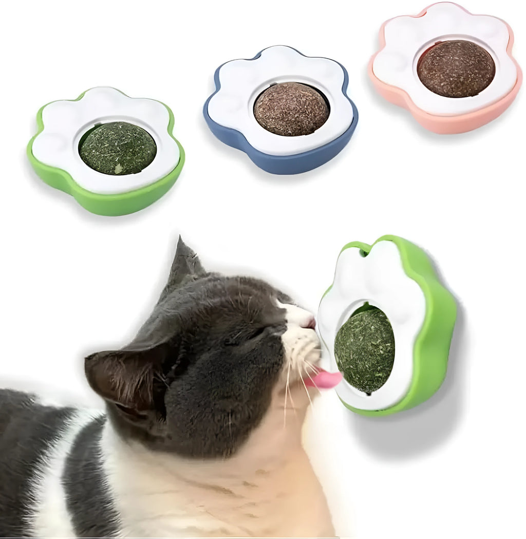 Edible vine catnip balls for cats in blue, green, and pink colours
