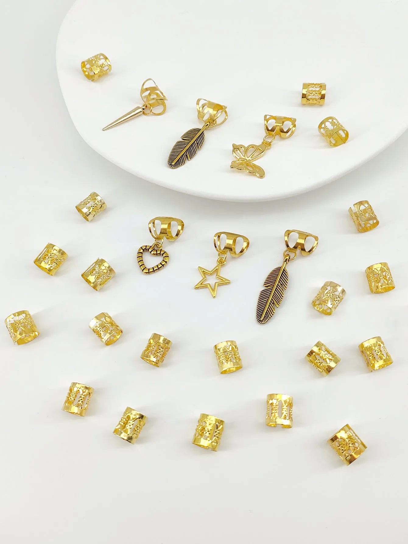 Antique style dirty braid hair rings with leaves design in gold and silver colours