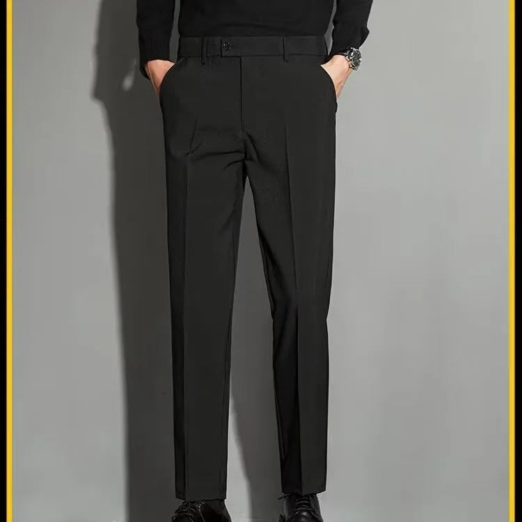 Men's straight leg ankle-length suit trousers in apricot colour on a model
