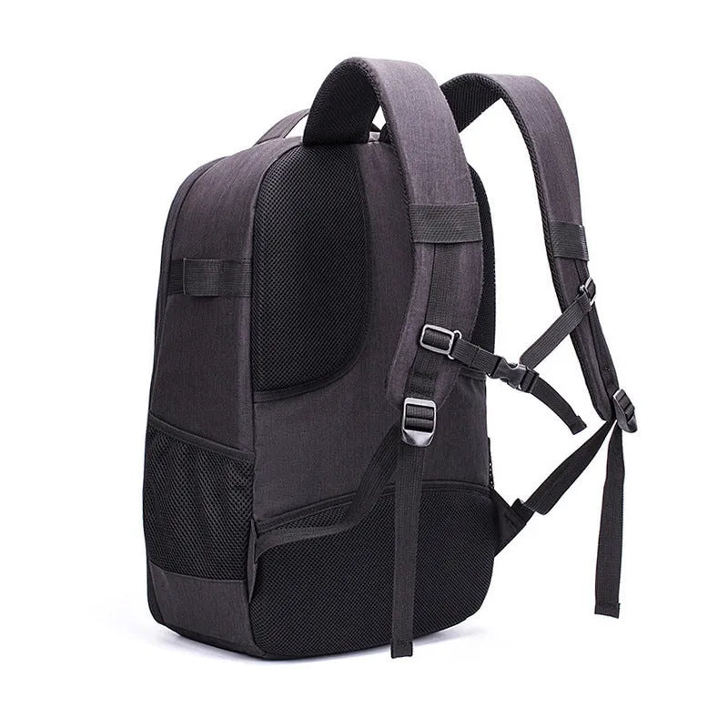 Black waterproof Oxford cloth drone backpack with multiple internal pockets for cameras and equipment.