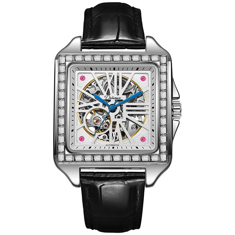 Men's automatic watch with square diamond-studded case and stainless steel bracelet