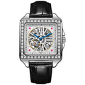 Men's automatic watch with square diamond-studded case and stainless steel bracelet