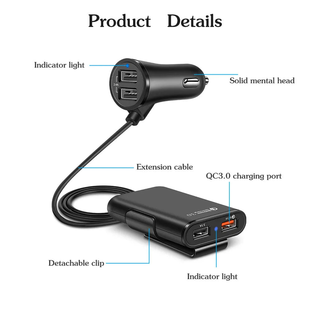 4-port USB car charger with QC3.0, cable, and clip for back seat installation