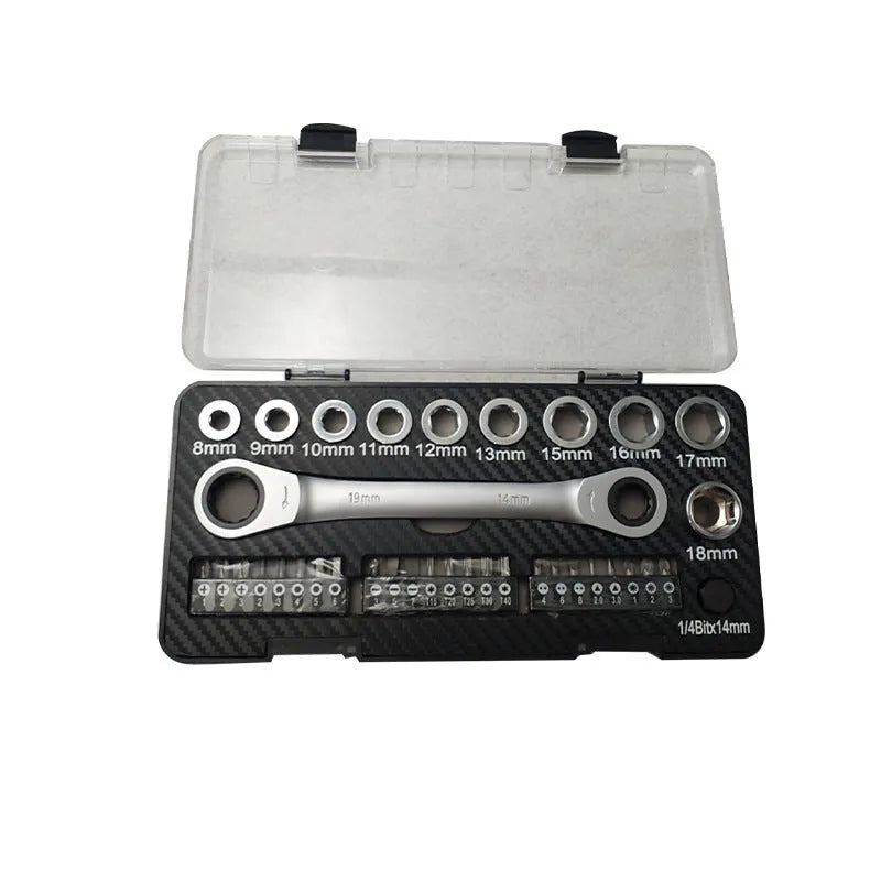 Dual-purpose ratchet wrench and screwdriver set with a collection of ten sockets and three bit heads laid out.
