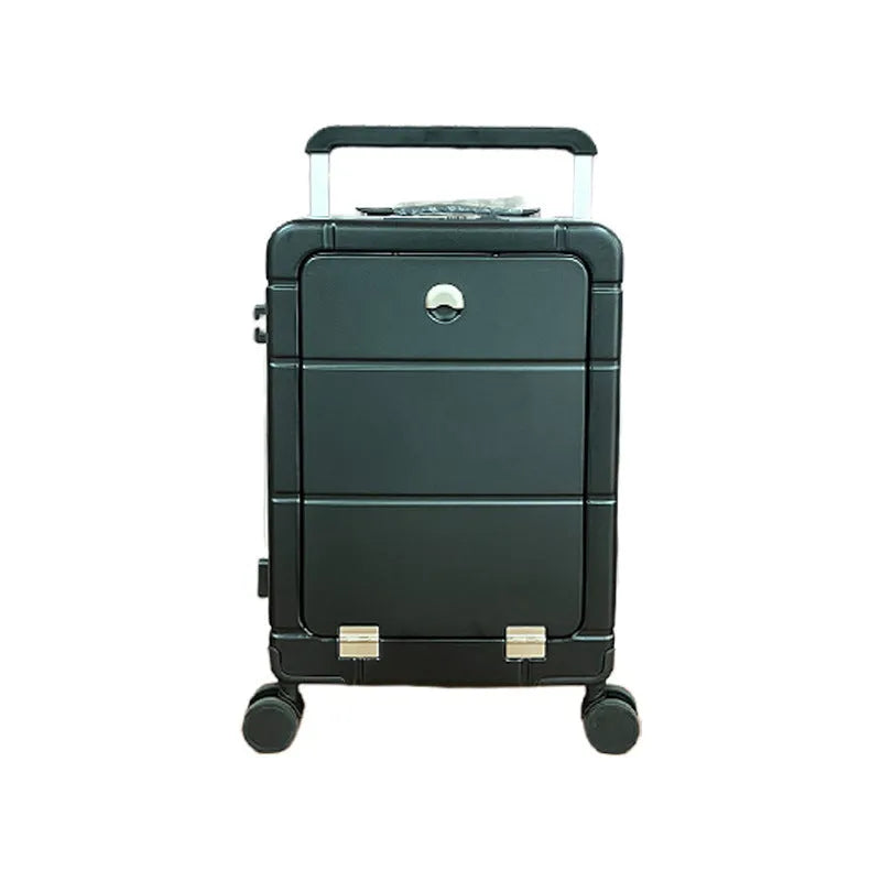 20-inch front opening suitcase in titanium silver colour with wet-dry separation compartments and universal wheels.