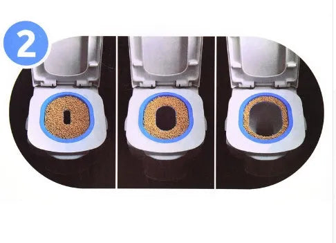 Blue cat toilet trainer with grooved removable trays placed on a white toilet seat