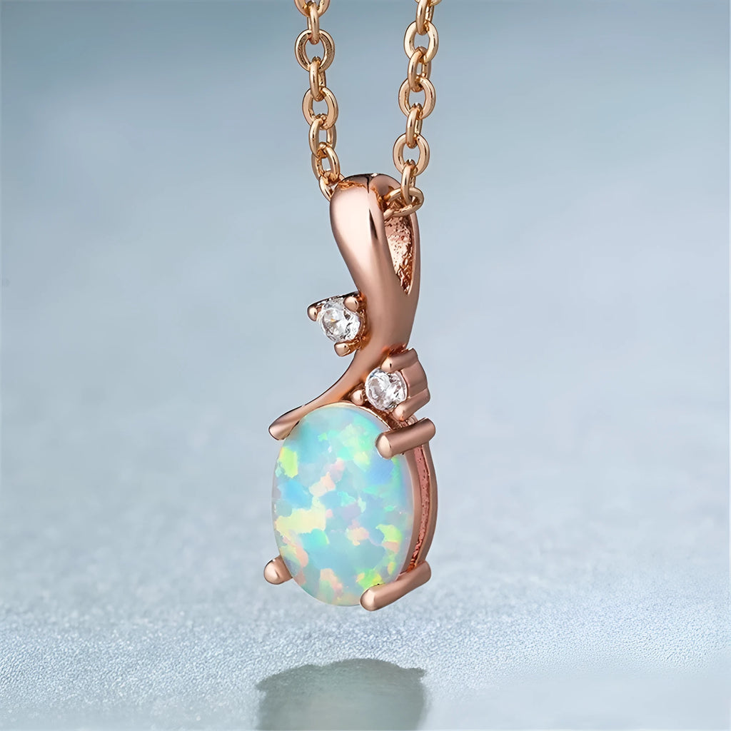 Water drop shaped opal pendant necklace on adjustable O-shaped alloy chain in rose gold or white finish