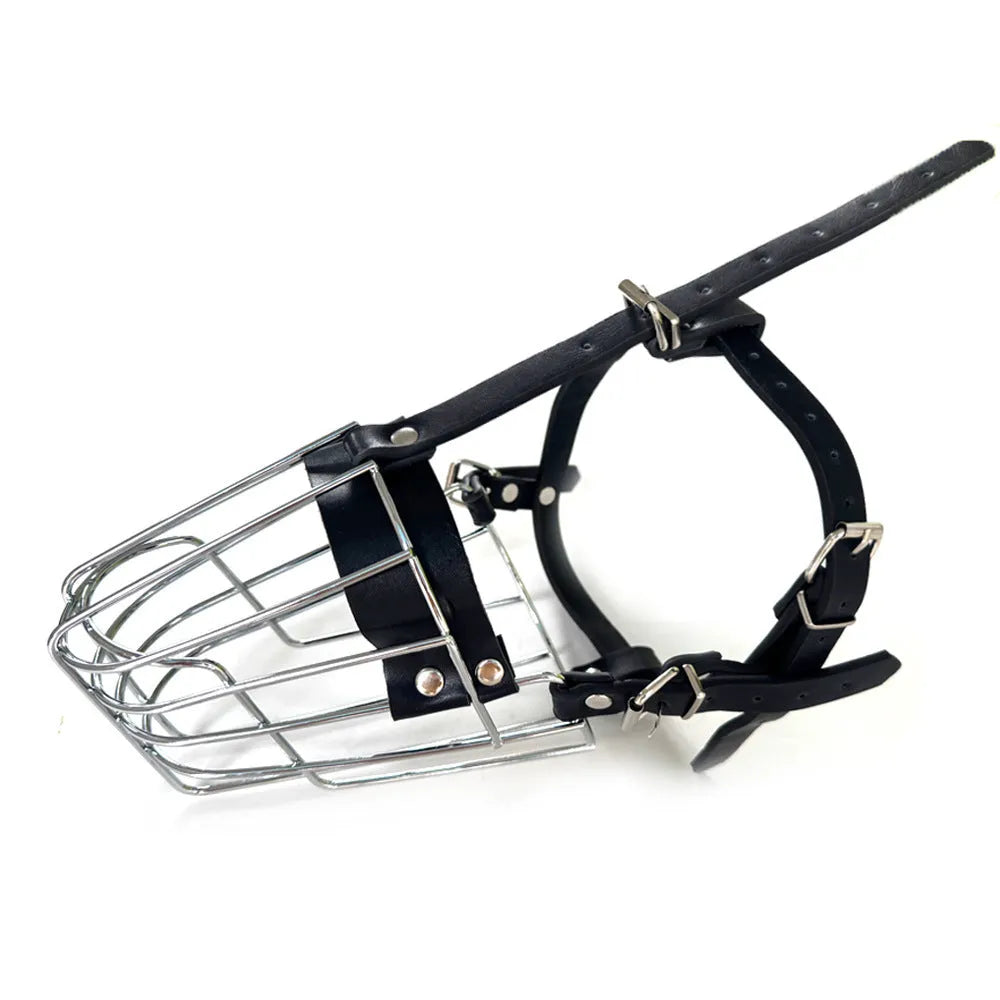 Black metal dog muzzle designed for golden retriever and German shepherd breeds.