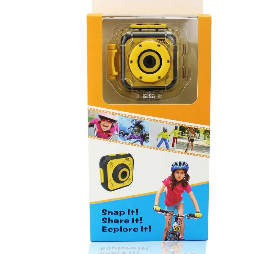 Yellow children's waterproof sports action camera with a 1.77-inch screen.