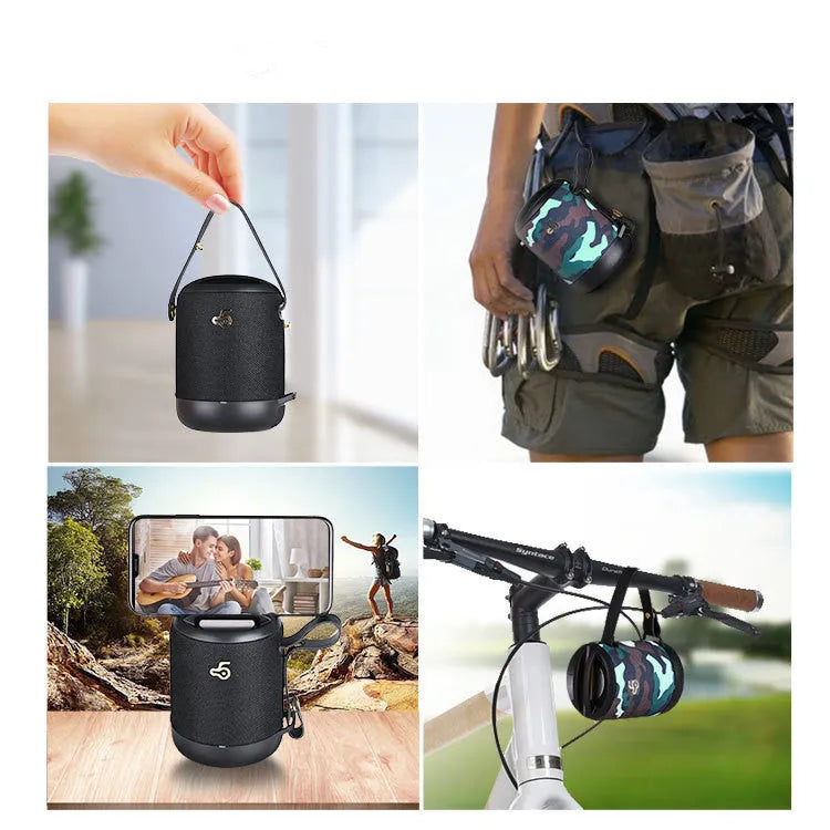 Waterproof portable Bluetooth speaker with leather texture in black, blue, camouflage, grey, or red colours