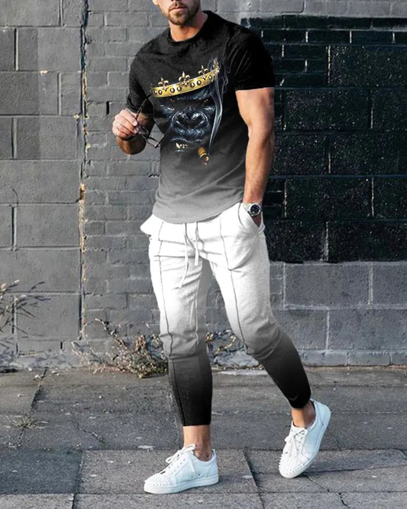 Man wearing a printed short-sleeve pullover and matching trousers from a thin polyester sports suit set.