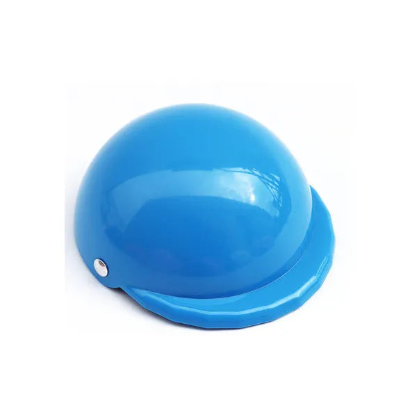 Dog wearing plastic motorcycle cap helmet in Japanese South Korean style, solid colour with paint surface treatment