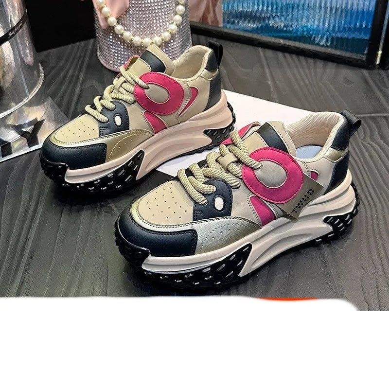 Leather sports casual shoes with thick sole and wedge heel in various colour options