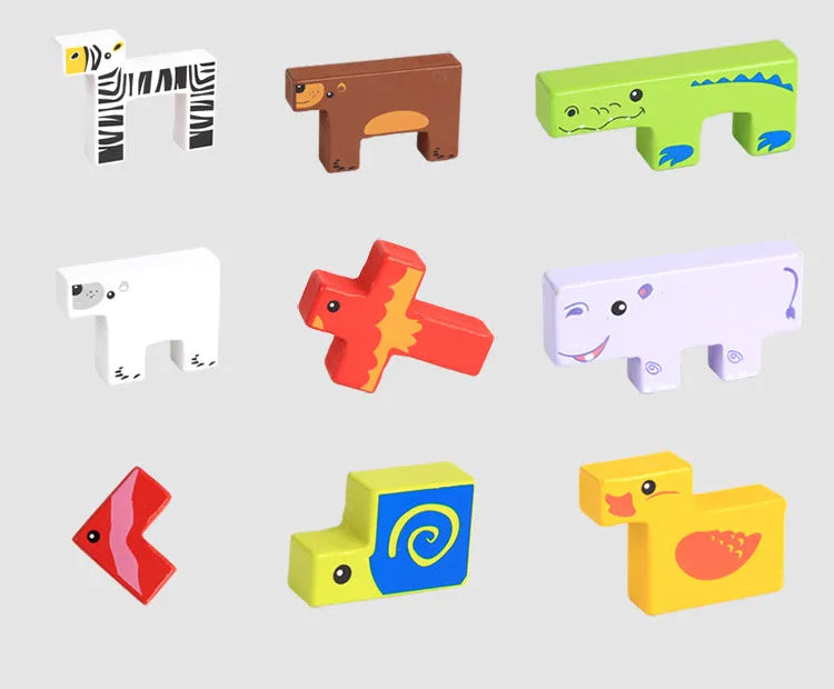 Set of beech wood 3D animal stacking building blocks in colour box for toddlers age 3 plus