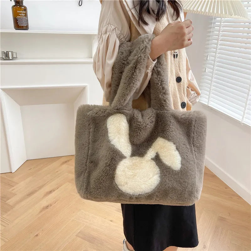 Cartoon rabbit ears plush shoulder tote bag in solid colour with large capacity