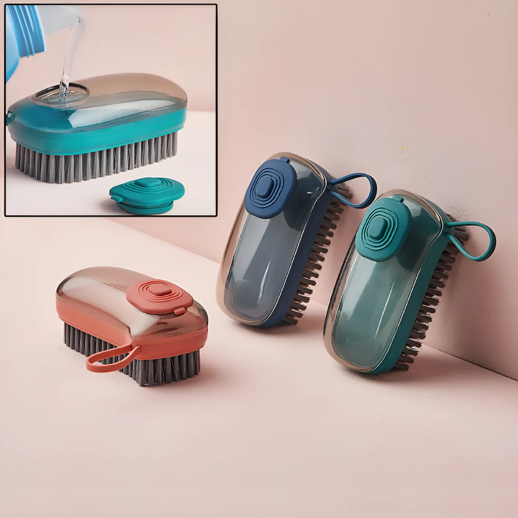 Automatic liquid cleaning brush for shoes and laundry with ergonomic grip in blue, green or red colour