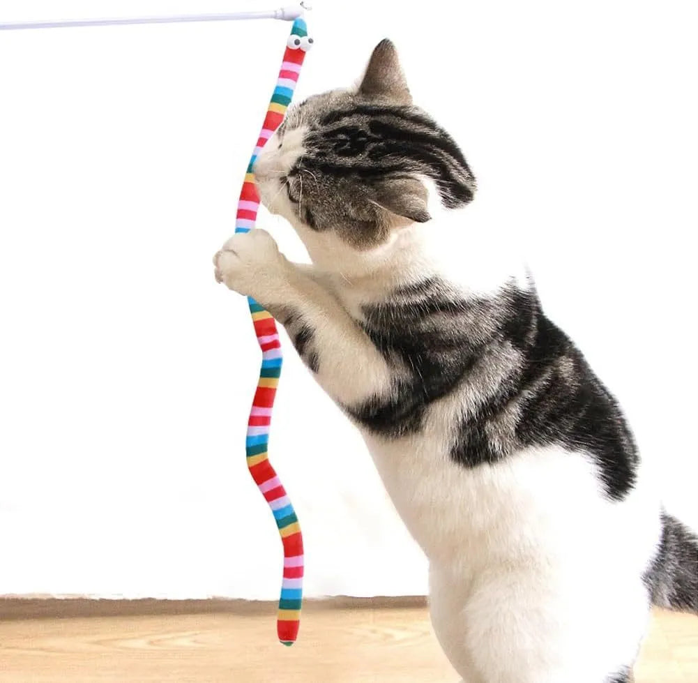 Colourful cat wand toy with a long plush strip teaser and bell, held by a polycarbonate handle.