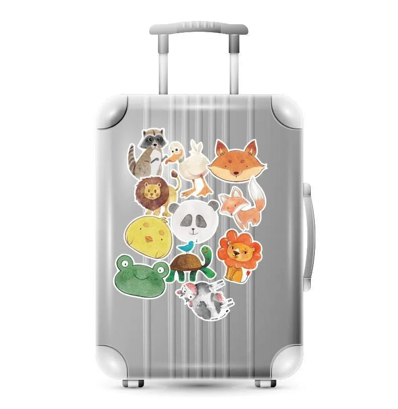 Assortment of large retro beach stickers with surfing and travel designs on a white background.