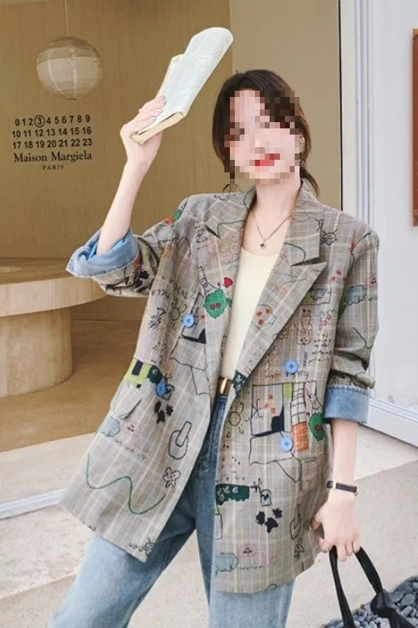 Loose polyester retro coat with graffiti plaid pattern, sleeveless, available in multiple sizes