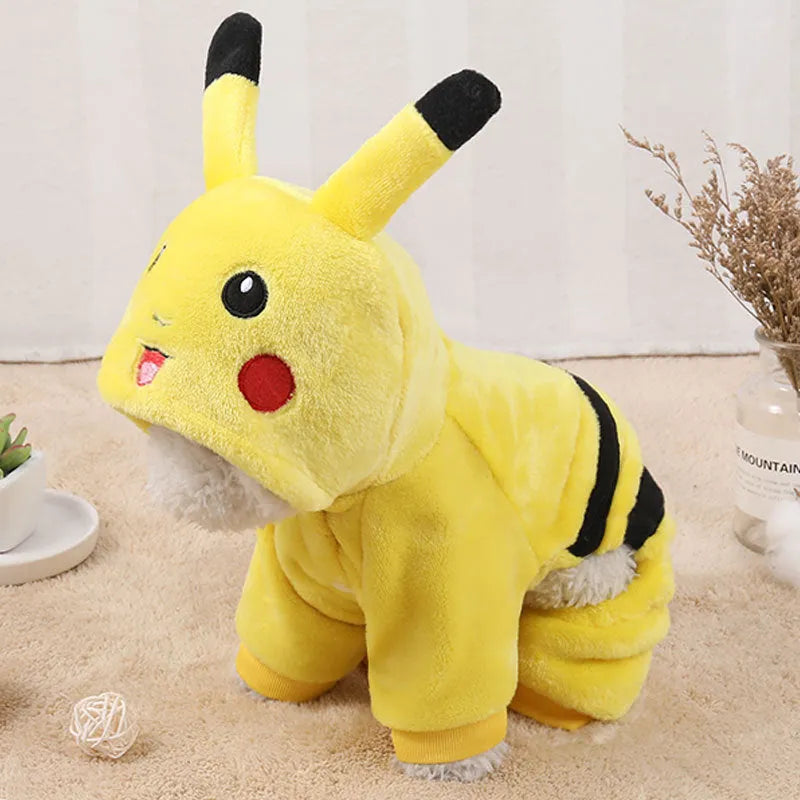 Fleece pet coat with hoodie for cat or dog in cartoon design, shown in size range XS to XXL.