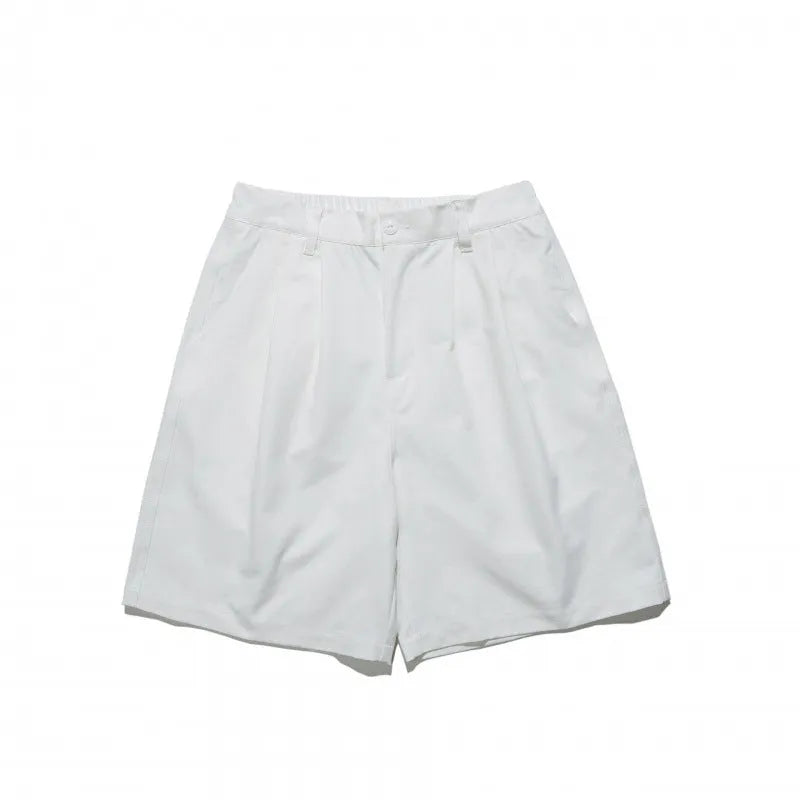 Loose straight drooping suit shorts in light grey, front view, with micro-elastic waist and retro style