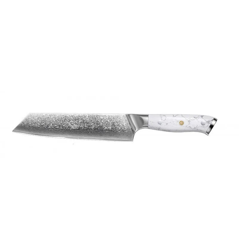 Damascus pattern chef knife with VG10 steel blade measuring 21cm, shown on a kitchen counter.