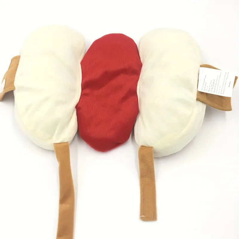 A dog or cat wearing a stuffed brown hot dog costume with bun detail for party cosplay.