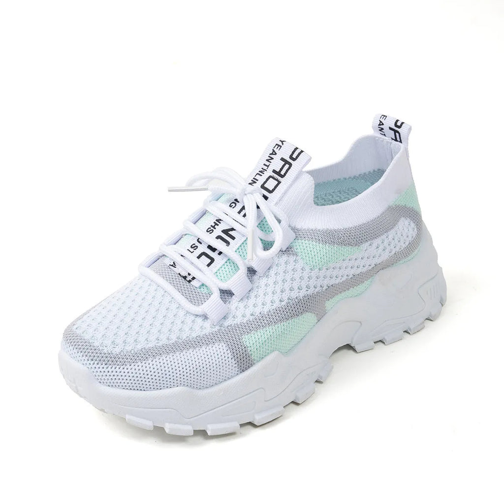 Women's lace-up Flyknit mesh sneakers in a grey colour combination with a round toe and flat rubber sole.