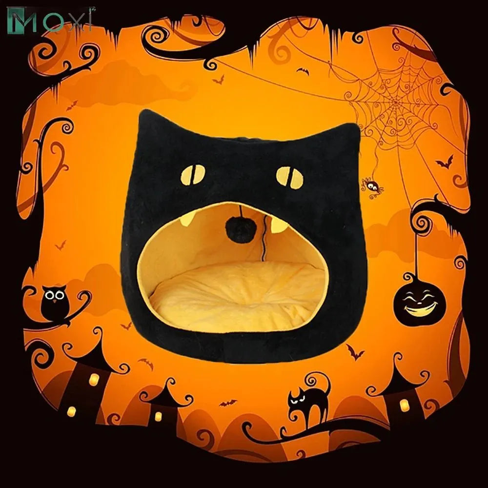 Soft warm cat bed in cat shape design with anti-slip bottom, machine washable, available in S and L sizes.