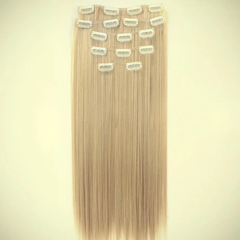 Synthetic clip-in straight hair extension set 55-60cm with metal clips and silicone backing in multiple colour options