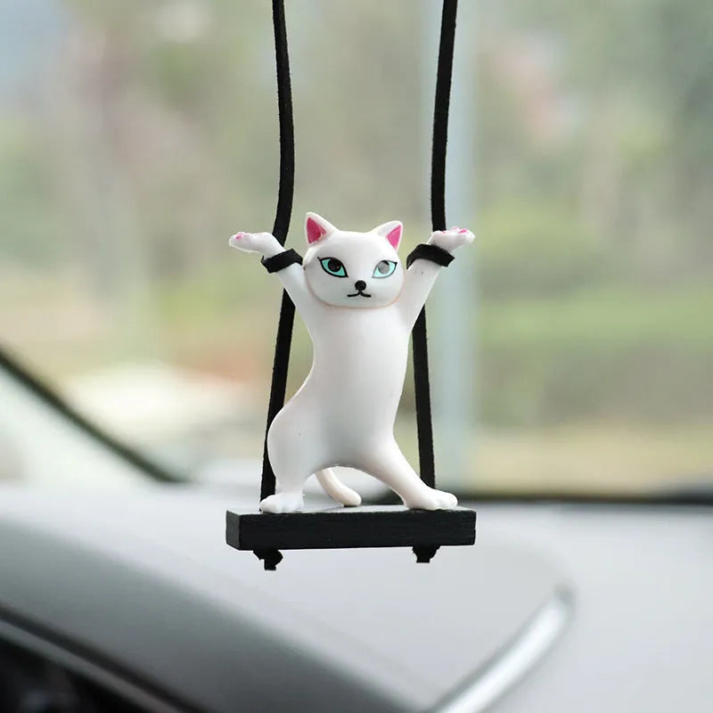 Cartoon-style resin cat pendant on adjustable rope for car interior decoration