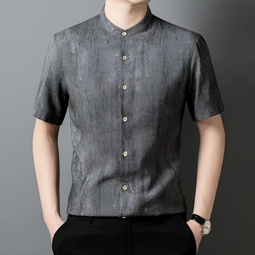 Men's loose linen cardigan shirt with stand collar in chemical fibre blend fabric
