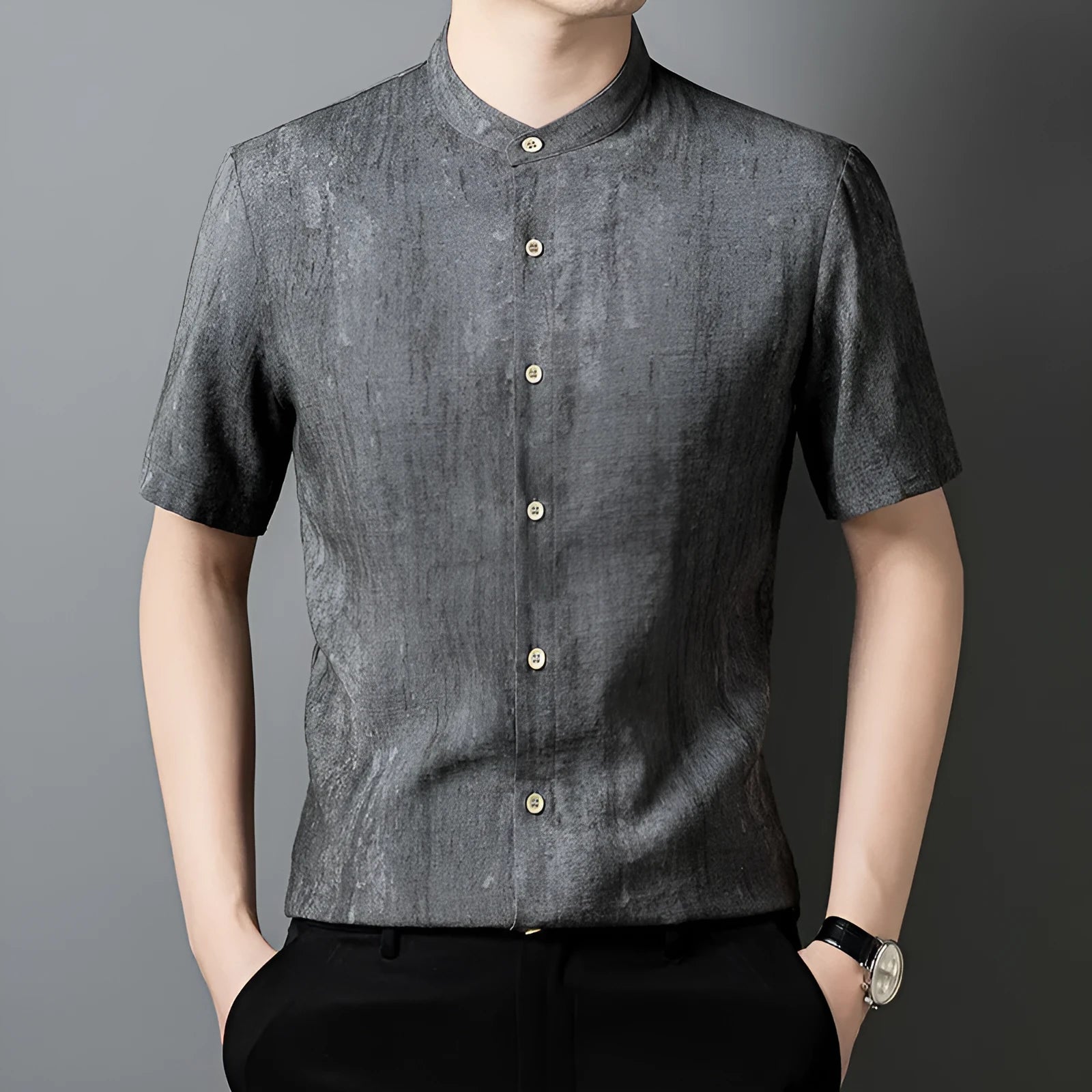 Men's loose linen cardigan shirt with stand collar in chemical fibre blend fabric