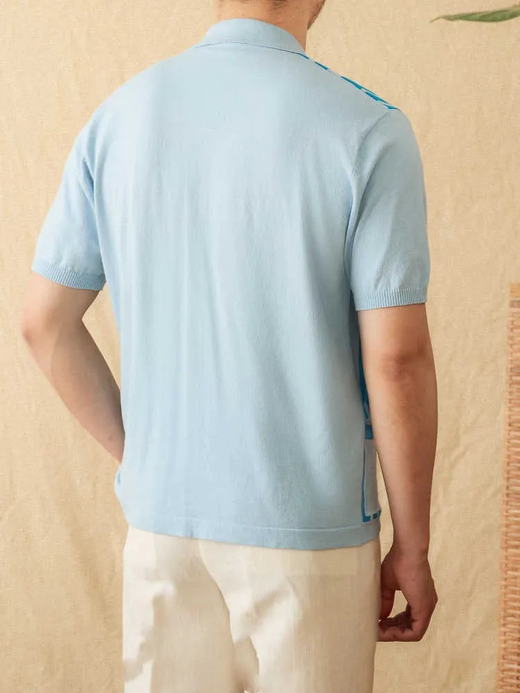 Short-sleeved knitted cardigan polo shirt with lapel collar in cotton-polyester blend fabric