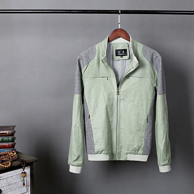 Men's lightweight cotton linen jacket in regular fit shown in blue, grass green, or heather grey colour options.