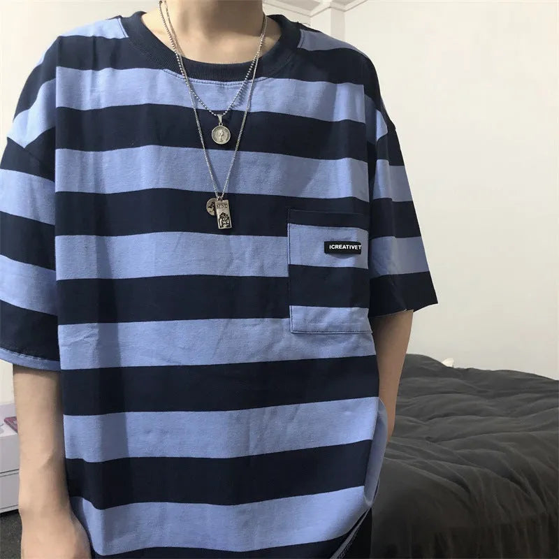 Striped short sleeve t-shirt in blue, polyester fiber, casual crew neck style