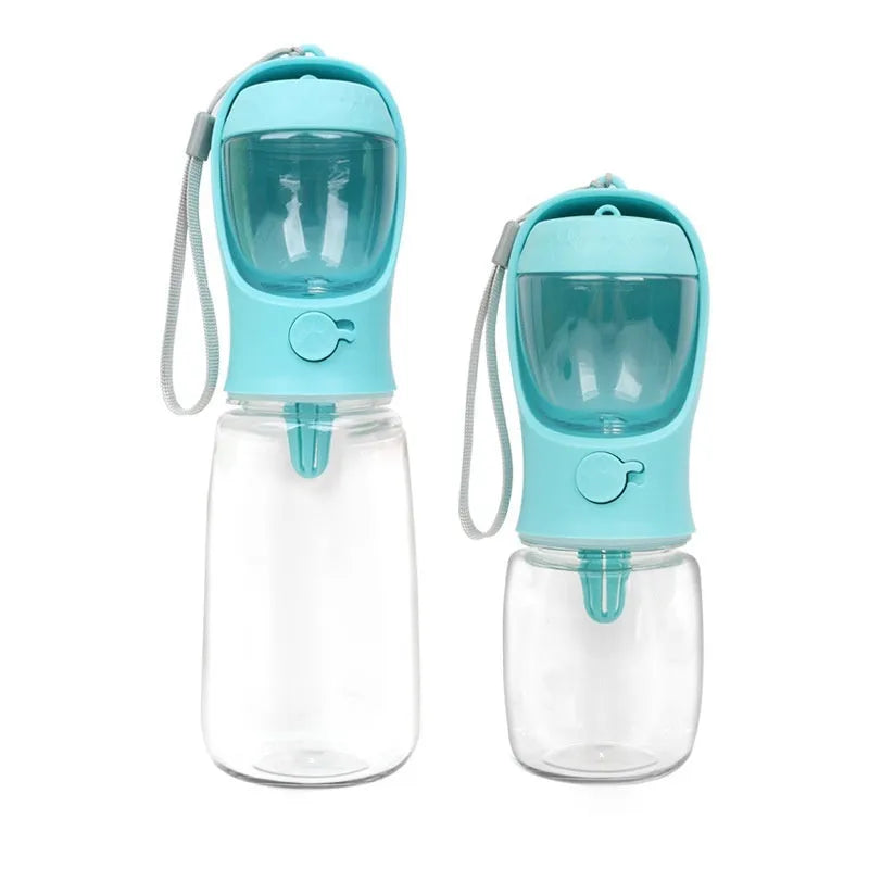 Blue two-in-one dog water cup showing combined drinking bowl and water storage bottle design