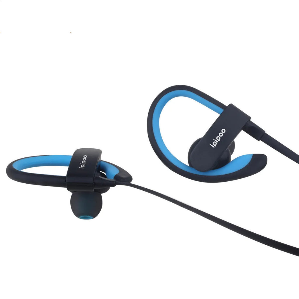 Wireless sports running headphones with Bluetooth 4.0 and battery display in blue colour, earplug style