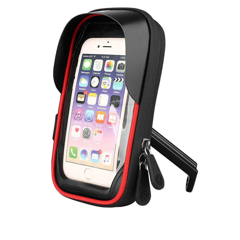 Black TPU mobile phone stand mounted on a bicycle handlebar, showing phone in use.
