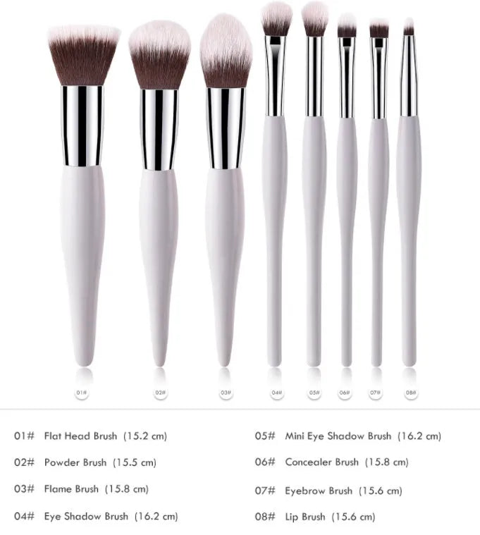 8-piece makeup cover brush set with nylon bristles and wooden handle in black and white colour options