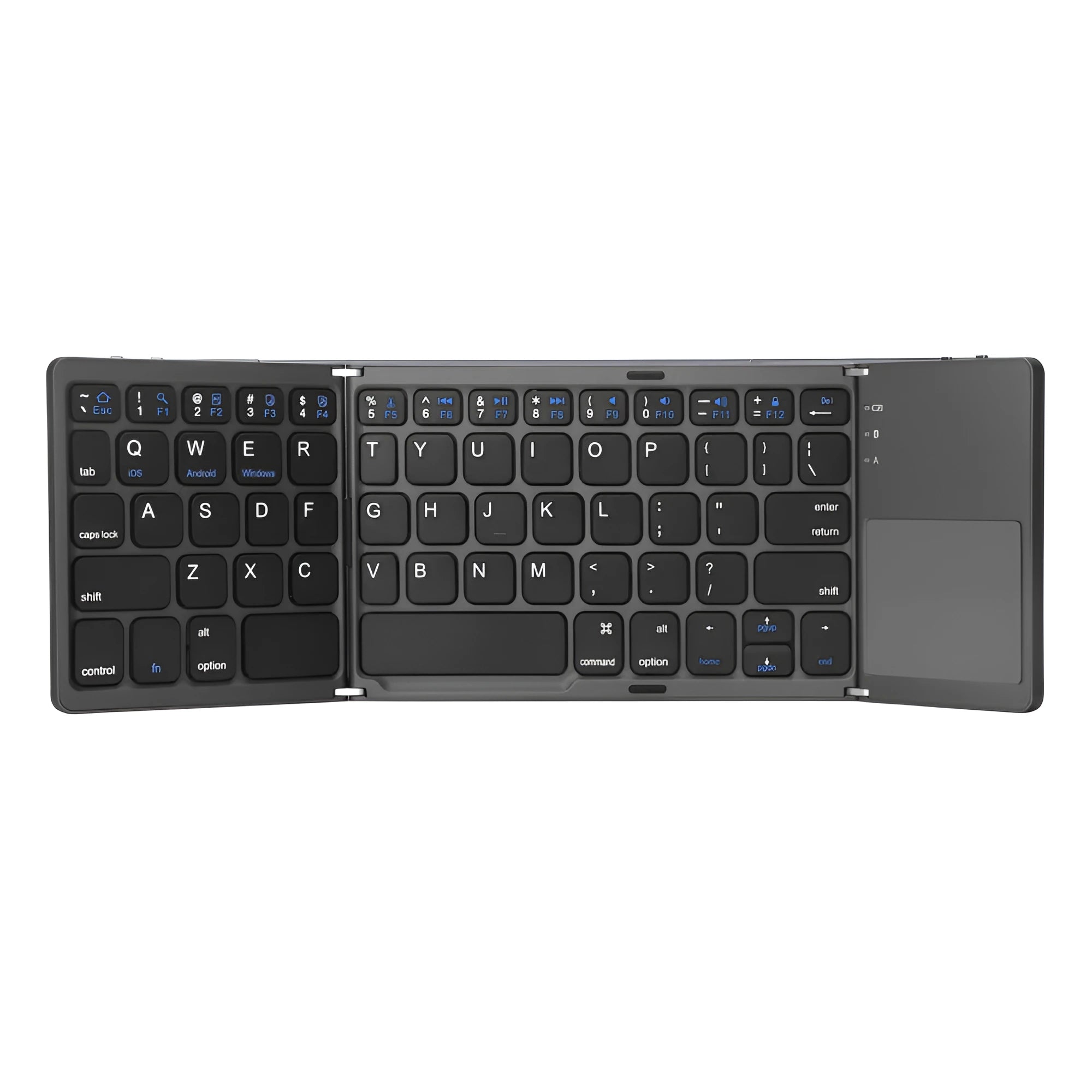 Ultra-thin black tri-fold folding Bluetooth keyboard with touchpad shown in open and closed positions