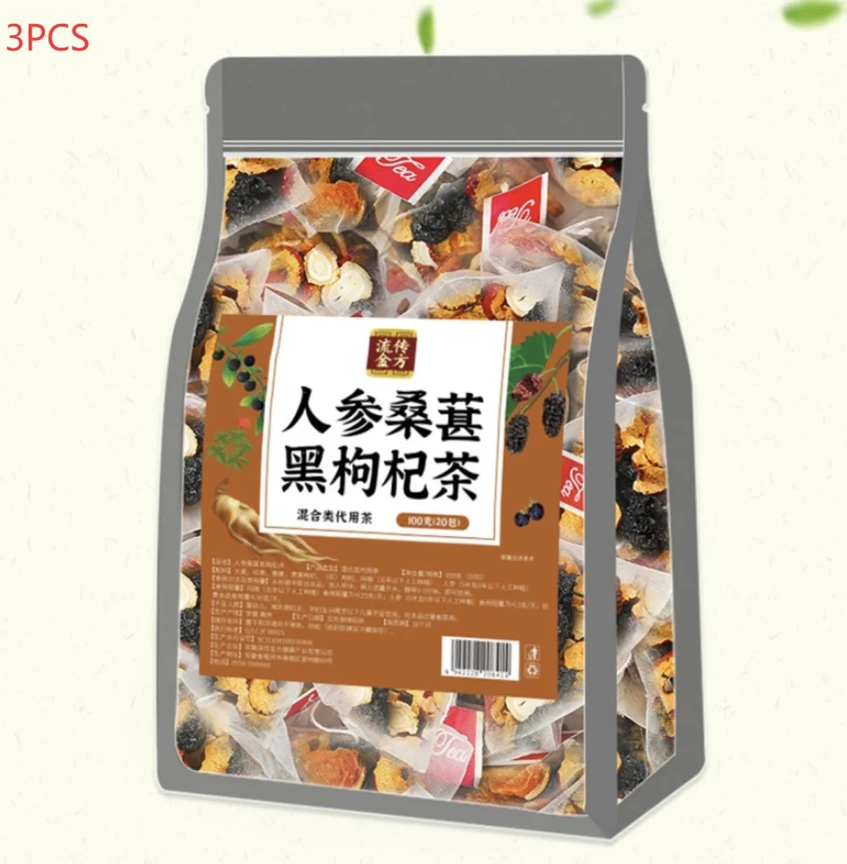 Sealed bag of Ginseng Black Wolfberry Tea containing 40 individual 5g tea bags.