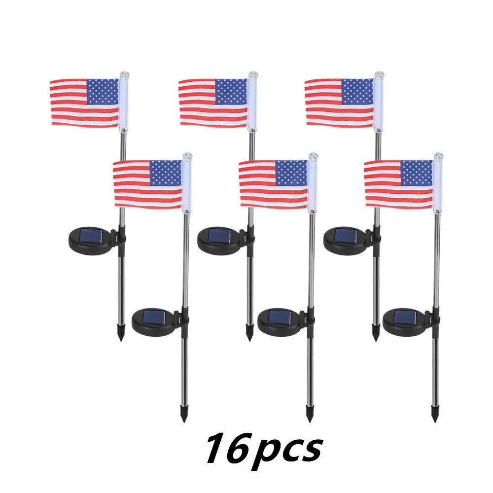 Solar garden flag light with American flag design on stainless steel pole