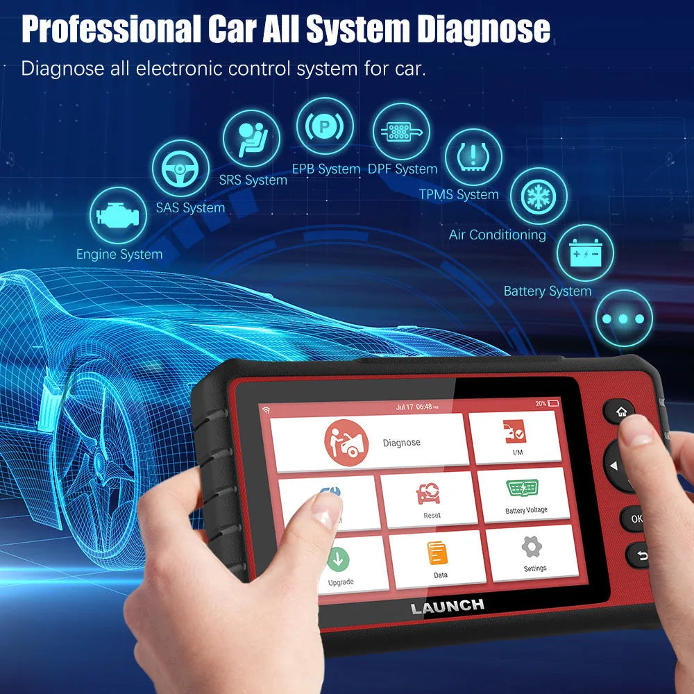 Red car fault decoder with 7 inch IPS touch screen displaying diagnostic data, with Mini USB and power button visible