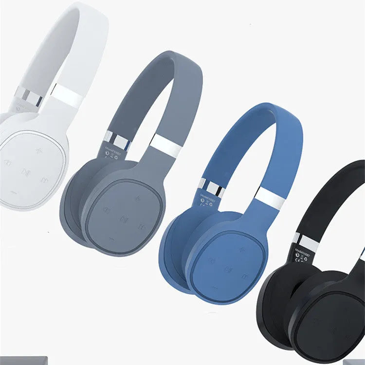 Wireless Bluetooth headset in black, blue, grey, or white with 40mm speakers.