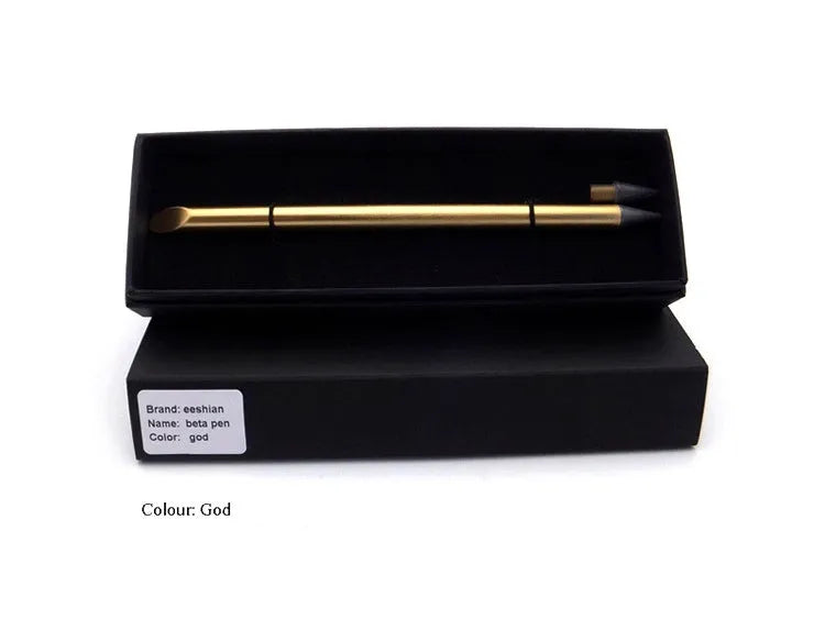 Silver inkless metal pen with 0.5mm nib, spare nib, and black pen bag on wooden table.