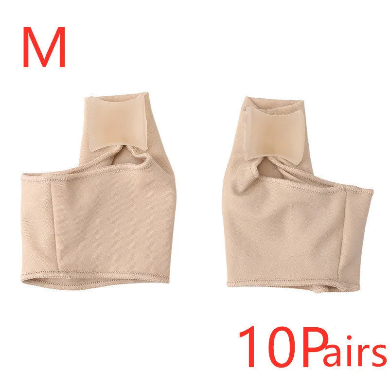 Pair of stretchable corrective socks with a visible gel bunion pad and silicone toe separator.