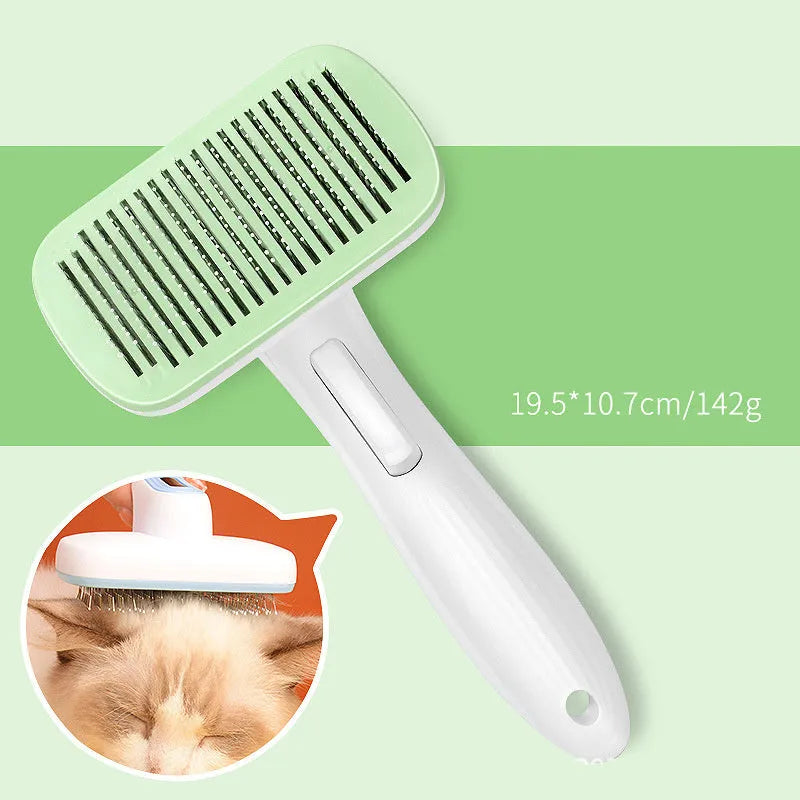 Automatic pet grooming comb for dogs and cats on a blue background.